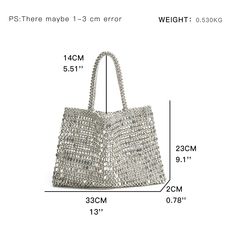 This tote bag is all about the glitz and glam with its stunning silver beaded and sequin mesh design. Perfect for any occasion, it adds a touch of fun and glamour to any outfit. Plus, it's roomy enough to carry all your essentials. Shine on and stand out! SIZE: See Size Reference Photo Gender: WOMEN Item Type: Handbags, Totes Main Material: Beaded Closure Type: OPEN Decoration: Mesh, Knitting Decoration: Sequined Hardness: SOFT Suede Mules, Pearl Hoop Earrings, Glitz And Glam, Mesh Design, Shine On, Gothic Jewelry, Silver Beads, Mini Bag, Fashion Blog