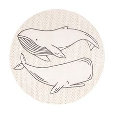 two whales swimming in the ocean on a white circular surface with dots around them and one whale jumping out of the water