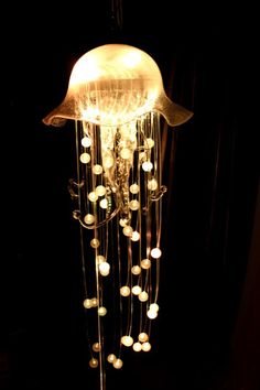 a light that is inside of a glass vase on a black background with bubbles in it