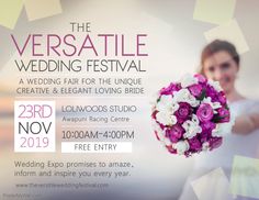 a woman holding a bouquet of flowers in front of a poster for the versatile wedding festival