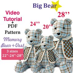 three teddy bears are shown in blue and brown checkered fabric with white polka dots