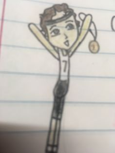 a drawing of a person holding a tennis racquet on top of a piece of lined paper