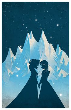 two people standing in front of snow covered mountains with the sky and stars above them