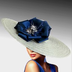 This Exquisite Couture Wide Brim Big Navy Bow Jeweled Straw Hat Elevates Your Style And Makes A Stunning Statement! It's A Fabulous "Beloved Millinery" Couture Work Of Art Is Perfect For The Kentucky Derby, Brunch, A Tea Or Garden Party, And More! It Features A Dramatic Wide Brim That Exudes A Touch Of Drama. A Vibrant Navy Bow Adds A Pop Of Color And The Dazzling Jewels Add Glamour. This Fashion Masterpiece Exudes Sophistication And Grace! Luxury Wide Brim Straw Hat For Kentucky Derby, Luxury Adjustable Wide Brim Costume Hats And Headpieces, Luxury Top Hat With Brim For Spring, Luxury Handmade Costume Hats And Headpieces With Wide Brim, Luxury Wide Brim Top Hat For Wedding, Kentucky Derby Brunch, Madam Pompadour, Derby Brunch, Big Hats