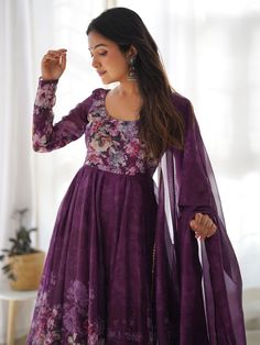 Introducing our stunning "adorable purple floral printed organza festival wear anarkali suit pant" that is sure to make you stand out at any festival or event. This beautiful purple color organza anarkali suit features intricate floral print work that adds a touch of elegance to your look. The set also includes a similar color cotton silk pant and a matching organza dupatta with floral print work and border gota patti lace work.
This purple anarkali pant suit are its unique design, high-quality Purple Anarkali, Patiyala Dress, Lehenga Crop Top, Printed Organza, Lehenga Choli Wedding, Floral Lehenga, Party Wear Lehenga Choli, Reception Gown, Bollywood Lehenga