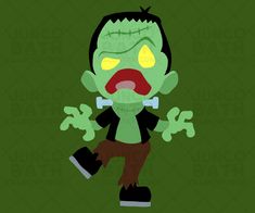 an animated zombie character with yellow eyes and green hair, standing in front of a green background