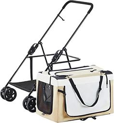 a large white and black dog carrier with wheels