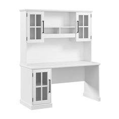 a white desk with shelves and doors on the top, in front of a white background