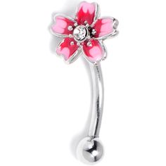 a pink and white flower belly ring