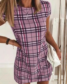 New Burberry Grid Mini Dress Mid Skirt, Mid Length Shorts, Slim Fit Dress, Purple Mini Dresses, Purple Plaid, Slim Fit Dresses, Dresses By Length, Purple Gray, Fit Dress