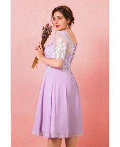 Buy Custom Lilac Chiffon Knee Length Party Dress with Flowers Short Sleeves High Quality at wholesale price online. Free shipping and pro custom service since 2009. Dress With Flowers, Wedding Store, Wedding Rentals, Wedding Boutique, Lace Back, Custom Dresses, Flower Dresses, Wedding Planner, Formal Dresses Long