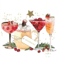 three glasses filled with different types of drinks and garnished with cherries, pine cones and stars