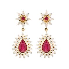 This is part of Chairish’s Fine Jewelry assortment.  Diamond Ruby Wedding Dangle Earrings in 18K Gold with Diamonds to make a statement with your look. These earrings create a sparkling, luxurious look featuring oval cut gemstone. If you love to gravitate towards unique styles, this piece of jewelry is perfect for you.  PRODUCT DETAILS :-  Material - 18K Solid Yellow Gold Gemstone - Ruby   Gemstone Weight - 4.37 ct Gemstone Shape - Pear, Round Gemstone Pcs - 4 Gemstone Size - 6 x 9, 2 mm Diamond Weight - 1.95 ct Diamond Size - 1.5 x 3 mm Gross Weight - 7.963 Grams Setting - Prong setting Length - 32 mm  Width - 22 mm Formal Yellow Gold Diamond Chandelier Earrings, Formal Bridal Earrings With 17 Jewels, Formal Bridal Earrings With Fine Jewelry, Diamond Chandelier Earrings In Yellow Gold For Wedding, Yellow Gold Diamond Chandelier Earrings For Wedding, Wedding Yellow Gold Diamond Chandelier Earrings, Wedding Chandelier Earrings In Yellow Gold With Diamonds, Luxury Earrings For Receptions, Luxury Earrings For Reception