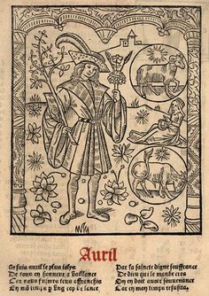 Aries And Taurus, Sun Signs, Month Of April, French School, Sun Sign, Wood Engraving, Bw Photo, 15th Century