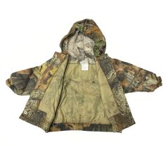 Your little one will be proud to wear the same hunting gear as Dad. This cute camouflage bomber jacket is 100% cotton, complete with a hood and snap button front closure. Size: Small (0-3 months) or Medium (3-6 months) Hooded Khaki Windbreaker For Hunting, Hooded Adventure Jacket For Fall, Hooded Jacket For Fall Adventure, Fall Adventure Hooded Jacket, Hooded Khaki Parka For Hunting, Camouflage Hooded Utility Jacket For Outdoor, Hooded Cotton Hunting Outerwear, Fall Combat Windbreaker For Hunting, Fall Combat Hunting Windbreaker