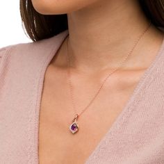 Incorporate your vibrant birthstone into your everyday look with this tasteful pear-shaped amethyst and white lab-created sapphire teardrop pendant. Crafted in sterling silver with 14K rose gold plate The faceted 8.0 x 6.0mm pear-shaped bright purple amethyst glistens in a teardrop-shaped frame adorned with shimmering white lab-created sapphires. The polished curvy bail completes this sophisticated style. Amethyst is the traditional birthstone for February and represents peace and tranquility. This pendant suspends along an 18.0-inch rope chain that secures with a spring-ring clasp. Elegant Teardrop Pendant Birthstone Necklace, Pear-shaped Amethyst Jewelry As Gift, Elegant Drop-shaped Birthstone Necklace, Elegant Teardrop Gemstone Birthstone Necklace, Rose Gold Birthstone Necklace With Gemstone, Rose Gold Plate, White Lab, Teardrop Pendant, Bright Purple