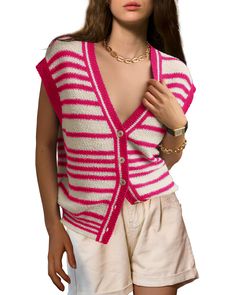 PRICES MAY VARY. Soft and skin-friendly knitted fabric, naturally breathable, stretchy and comfortable to wear. V-Neck, Cap Sleeve, front button closure, ribbed neck, cuffs and hem, refined elegance. Cute knit sweater vest for women, Unique colour-blocked stripe design adds a touch of relaxation and cosiness. A must-have for your spring and summer wardrobe. Perfect for pairing with casual shorts, skirts, and jeans for a casual chic look that shows off your glamour. Suitable for daily wear, schoo Summer V-neck Sweater Vest With Button Closure, Knit Sweater Vest With Button Closure For Spring, Spring Knit Sweater Vest With Button Closure, Summer Knitted V-neck Vest, V-neck Knitted Summer Vest, Summer V-neck Knitted Vest, Casual Knit Sweater Vest With Button Closure, Casual Knit Vest With Button Closure, Sleeveless Knit Vest With Button Closure