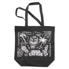 "Carry your essentials with our hand-screen printed canvas tote bag. Measuring 15\" wide by 15\" high x 5\"  deep, this black canvas tote features an arrangement of white-printed designs reminiscent of a tattoo flash sheet. Bold illustrations including cobwebs, barbed wire, 2H Axe, a palm tree and more. Its spacious design makes it great for holding vinyl records, Art materials, groceries or whatever you carry with you. It's both practical and an eye-catching accessory.  Canvas Tote Bag Hand screen printed. 10 oz brushed finish 100% post-consumer recycled cotton. 15\"W x 15\"H x 5\"D Flash Canvas Tote Bag, Cobweb Tote Bag, Barbwire Lunch Canvas Tote, Skull Canvas Shoulder Bags, Canvas Handbag, Palm Tree Book Bags" Black Cotton Shoulder Bag For Daily Life, Hand Printed Tote Bag For Everyday Use, Graphic Print Tote Bag For Streetwear, Hand Printed Canvas Bag For Everyday Use, Hand-printed Tote Bag For Daily Use, Hand Printed Tote Bag For Daily Use, Black Canvas Tote Bag With Graphic Print, Canvas Tote Bag For Streetwear, Black Graphic Print Canvas Tote Bag