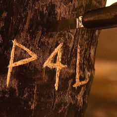 a close up of a piece of wood with writing on it and a knife sticking out of the top