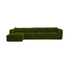 a green sectional couch with pillows on the top and bottom, in front of a white background