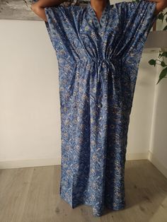 Cotton kaftan Blue Floral Print Cotton Kaftan, Blue Cotton Kaftan With Floral Print, Blue Floral Cotton Kaftan, Bohemian Blue Sleepwear For Vacation, Blue Bohemian Sleepwear For Vacation, Blue Cotton Kaftan For Loungewear, Blue Cotton Kaftan For Beachwear, Blue Cotton Kaftan For Beach Cover-up, Bohemian Blue Floral Print Sleepwear