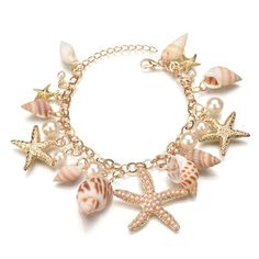 Introducing our charming Multi Starfish Sea Star Conch Shell Simulated-Pearl Beach Bracelet, a perfect accessory for capturing the spirit of the ocean and adding a touch of beachy elegance to your ensemble. This bracelet features a delightful mix of starfish, sea stars, conch shells, and simulated pearls, all intricately combined to create a stunning piece that evokes the beauty of the sea. The real shells add an authentic, natural touch, while the alloy elements provide durability and a polishe Charm Bracelets For Girls, Ocean Bracelet, Seashell Bracelet, Pearl Charm Bracelet, Stella Marina, Starfish Bracelet, Beach Bracelets, Starfish Necklace, Amber Ring