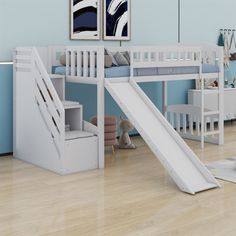 a child's bedroom with a slide and bunk bed