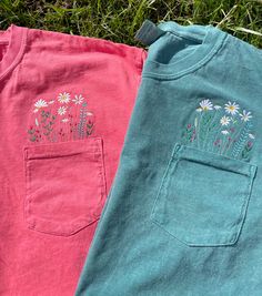 Made to order floral embroidered spring comfort color pocket t shirts! So cute for your favorite flower/ spring lover or even a great Mother's Day gift! Available in emerald green, watermelon pink, or light bay green. Other colors available upon request! Sizes are UNISEX and shirts are comfort colors brand Spring T-shirt With Pockets And Relaxed Fit, Embroidered Tops For Everyday Spring Wear, Spring Embroidered Top For Everyday Wear, Green T-shirt With Floral Embroidery For Spring, Green Floral Embroidery T-shirt For Spring, Spring Green T-shirt With Floral Embroidery, Spring Casual T-shirt With Floral Applique, Green Floral Embroidered T-shirt For Spring, Cute Embroidered T-shirt For Spring