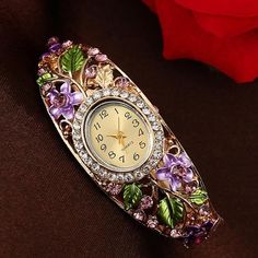 Crystal Flower Bangle Bracelet Watch Purple Female Watch, Ladies Bracelet Watch, Women's Dress Watches, Flower Watch, Rhinestone Watches, Bracelet Watches Women, Bangle Watches, Womens Watches Luxury, Gold Bracelet For Women