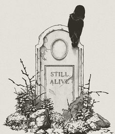 a black bird sitting on top of a tombstone