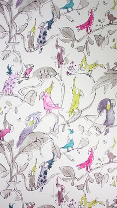 an artistic wallpaper with many different colored animals on it