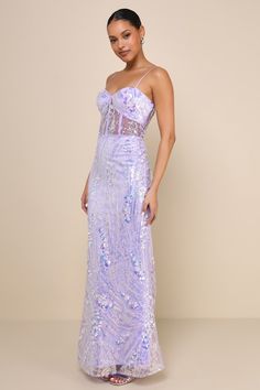 The most special night deserves the most special look, which is why you'll instantly know that the Lulus Perfection Seeker Lavender Iridescent Sequin Bustier Maxi Dress is the one! A sparkly display of iridescent sequins, silver beaded details, and faux pearls create an eye-catching floral design across a sheer mesh overlay as it shapes a bustier-inspired bodice with seamed cups, corset-style panels throughout, and a sweetheart neckline, all supported by adjustable spaghetti straps. The high, fi Lavender Evening Dress For Prom Party, Lavender Sleeveless Evening Dress For Party, Lavender Fitted Evening Dress For Prom, Fitted Lavender Evening Dress For Prom, Glamorous Lavender Dresses, Iridescent Fitted Evening Dress, Fitted Iridescent Evening Dress, Fitted Iridescent Dress For Evening, Fitted Purple Corset Dress For Prom