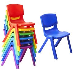 a stack of colorful plastic chairs next to each other