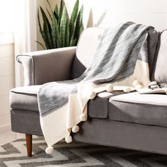 a couch with a blanket on top of it next to a potted plant