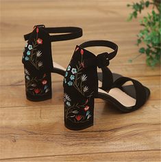 Embroidered Ankle Strap Sandals Summer Open Toe Heels With Embroidery, Summer Open Toe Embroidered Heels, Summer Embroidered Open Toe Heels, Party Sandals With Floral Embroidery And Open Toe, Embroidered Block Heel Sandals For Spring, High Heel Sandals With Floral Embroidery For Summer, Embroidered Black Heels For Summer, Embroidered Black Summer Heels, Summer Embroidered Black Heels