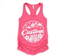 🌴 **Custom Beach Trip Personalized Tank Top** 🌴 Are you dreaming of sun-kissed skin, the soothing sound of waves, and the softness of sand beneath your feet? Get ready to make those beach vacation memories even more special with our Personalized Beach Fan Tank Top! Whether you're planning an epic family getaway or a serene solo retreat, our custom tanks are the perfect companion for your sun-drenched adventures. Crafted with the finest materials, each tank top boasts a lightweight and breathab Tropical Swimwear For Summer Activities, Summer Tank Top For Beach Vacation, Adjustable Summer Swimwear, White Racerback Tank Top For Beach, Beachy Summer Tank Top, Adjustable Sleeveless Swimwear For Summer, Summer Racerback Tank Top For Vacation, Adjustable Swimwear For Summer Surfing, Pink Racerback Swimwear For Summer