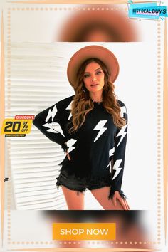 Long Sleeve Lightning Pattern Sweater Women Casual Hem Tassel Round Neck Pullover Sweater Long Sleeve Sweater With Frayed Hem For Fall, Fall Long Sleeve Sweater With Frayed Hem, Black Tops With Frayed Hem For Fall, Winter Long Sleeve Tops With Frayed Hem, Long Sleeve Sweater With Frayed Hem For Winter, Long Sleeve Winter Tops With Frayed Hem, Casual Long Sleeve Fringe Sweater, Chic Long Sleeve Tops With Fringe, Chic Long Sleeve Fringe Tops