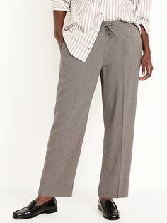 High-Waisted Billie Straight Trouser | Old Navy Chic Pull-on Style Bottoms For Daywear, Comfortable Straight Leg Pants With Drawstring, Comfortable Straight Leg Bottoms With Drawstring, Classic Loungewear Bottoms With Elastic Waistband, Relaxed Fit Bottoms With Drawstring For Fall, Stretch Bottoms With Pockets For Business Casual, Versatile Loungewear Bottoms With Pockets, Non-stretch Workwear Bottoms With Pockets, Stretch Straight Leg Bottoms With Drawstring