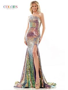 The fabric in this Colors Dress style is Sequin Fitted One-shoulder Casual Dress, Fitted A-line Gown With Sequins, Fitted A-line Dress For Prom Season, Fitted Midi Dress With Side Slits For Casual Wear, Summer Evening Mermaid Dress With Fitted Bodice, Fitted Gown With Side Slits For Prom Season, Sequin Floor-length Dress For Prom Season, Glamorous Maxi Dress With Sequins, One-shoulder Dress With Fitted Bodice For Summer