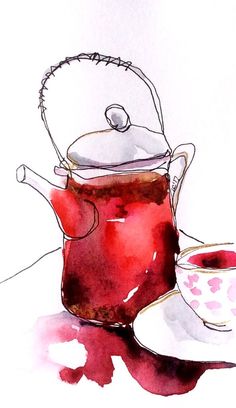 a watercolor painting of a tea pot with a cup and saucer next to it