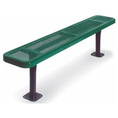 a green park bench sitting on top of a metal stand up table with perfored sides