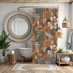 a bathroom with a flower shower curtain next to a bathtub and sink in front of a round mirror