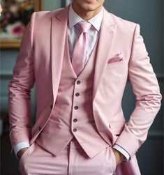 Men Pink Suits Wedding Fashion Groom Wear Suits Bespoke For Men Formal Fashion Suits 3 Piece Suits Item Include (Coat+Vest+Pant) Fabric:- Imported, Premium Color:- Pink  Dry Clean Recommended The suit is for wedding, Party, Proms, and Many Occasions. We make the suit according to our Standard size chart, If you are not sure about your size/measurement, please give your body measurement in inches, so we make perfect suit for you. Jacket Measurement:- 1 Jacket Length 2 Chest (Circumference) 3 Stom Pink Suit Wedding Grooms, Pink Groomsmen Suits, Pink Tuxedo Wedding, Pastel Groom Suit, Classic Pink Blazer For Wedding, Custom Fit Three-piece Suit With Notch Lapel For Wedding, Tailored Pink Sets For Wedding, Elegant Pink Blazer For Wedding, Elegant Pink Wedding Blazer