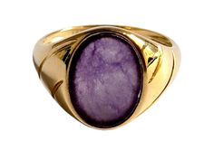 Our "Fyie Signet Purple Jade Ring" shows our classic Signet-style design, with Purple Jade and 14K Yellow gold. The Purple Jade represents Royalty. Our artisans finish the piece with Gold design elements inspired from The Oriental Qing Dynasty.  Specifications vary according to Ring Size. Typical specifications for Size US 9.5 are shown below (Ring as seen in the images). Stock ID: 4FSPJR14Y Materials: 3.90g 14K gold, 0.30g Purple Jadeite Dimensions: 24 x 22 x 15 mm Gross Weight: 4.20g Purple Jade Ring, White Pearl Ring, Big Stone Ring, Purple Jade, Long Drop Earrings, Jade Ring, Dragon Pendant, Unisex Ring, Qing Dynasty