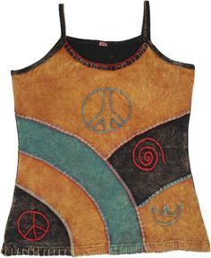 A gorgeous stonewashed tank top with patches of rusty orange or brown, black and teal colors joined together with a thick thread.  The patches look very artsy, especially with the symbolic embroidered motifs highlighting the overall look. #tlb #Sleeveless #Patchwork #Stonewash #Embroidered #vacationclothing #beachwrap #bohemianfashion #Handmade #gypsytanktop #summerhippietanktop #ribbedcottontanktop Hippie Multicolor Tank Top For Festival, Hippie Cotton Tank Top, Bohemian Orange Patchwork Tops, Multicolor Cotton Patchwork Tank Top, Hippie Sleeveless Patchwork Tops, Sleeveless Brown Top For Festival, Brown Sleeveless Top For Festival, Brown Hippie Festival Tops, Hippie Brown Cotton Top