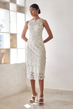 Shop for Mishru Ivory Averi Floral Embroidered Midi Dress for Women Online at Aza Fashions Elegant Sleeveless Midi Dress With Floral Applique, Sleeveless Lace Dress With Floral Applique For Wedding, Sleeveless Lace Bodice Midi Dress For Wedding, White Knee-length Dress With Lace Bodice, Knee-length Floral Wedding Dress, Sleeveless Lace Wedding Dress With Floral Applique, Sleeveless Floral Applique Dress For Wedding Guest, White Sleeveless Dress With Floral Applique, Fitted Midi Dress With Floral Applique For Wedding