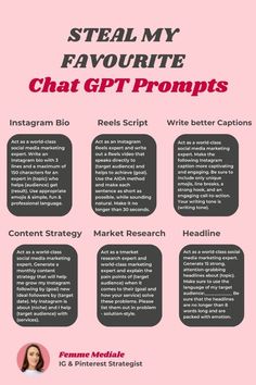 a pink poster with the words steal my favorite chat git prompts on it