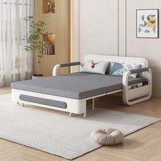 a bed that is in the middle of a room with a rug on the floor