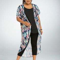 This Chiffon Duster Is The First Step. Multi-Color, Multi-Fabulous Ikat Print Is The Shock Of Technicolor Your Spring Wardrobe Needs. Sheer And Breezy, This Hi-Lo Duster Wants To Be Your Travel Buddy. Model Is 5’10”, Size 1 Size 1 Measures 38" From Shoulder Polyester Wash Cold, Line Dry Size 0/1 Plus Size Duster, Affordable Plus Size Clothing, Trendy Plus Size Fashion, Travel Buddy, Plus Size Summer Outfit, Wardrobe Needs, Ikat Print, Pinterest Closet, Sheer Chiffon