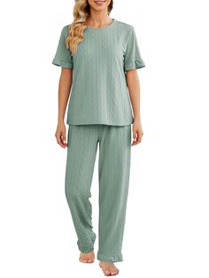 PRICES MAY VARY. Fabric: This ruffled short sleeve and pants pajamas set is made of 100% Polyester. It not only has a good cut and soft and comfortable texture, but also has the characteristics of light and breathable. Features: This women's pajama pants set is a casual loungewear style, the overall design of the pajamas is loose and comfortable. The pjs top and pants are decorated with ruffles, comfortable elastic waistband. The overall pajama set is made of very nice solid color cable knit tex Casual Solid Color Short Sleeve Sleepwear, Comfortable Green Sleepwear With Short Sleeves, Comfortable Green Short Sleeve Sleepwear, Casual Short Sleeve Sleep Set, Casual Green Short Sleeve Sleepwear, Green Short Sleeve Sleepwear For Pajama Party, Green Short Sleeve Sleepwear For Loungewear, Comfortable Solid Short Sleeve Sets, Comfortable Solid Color Short Sleeve Sets